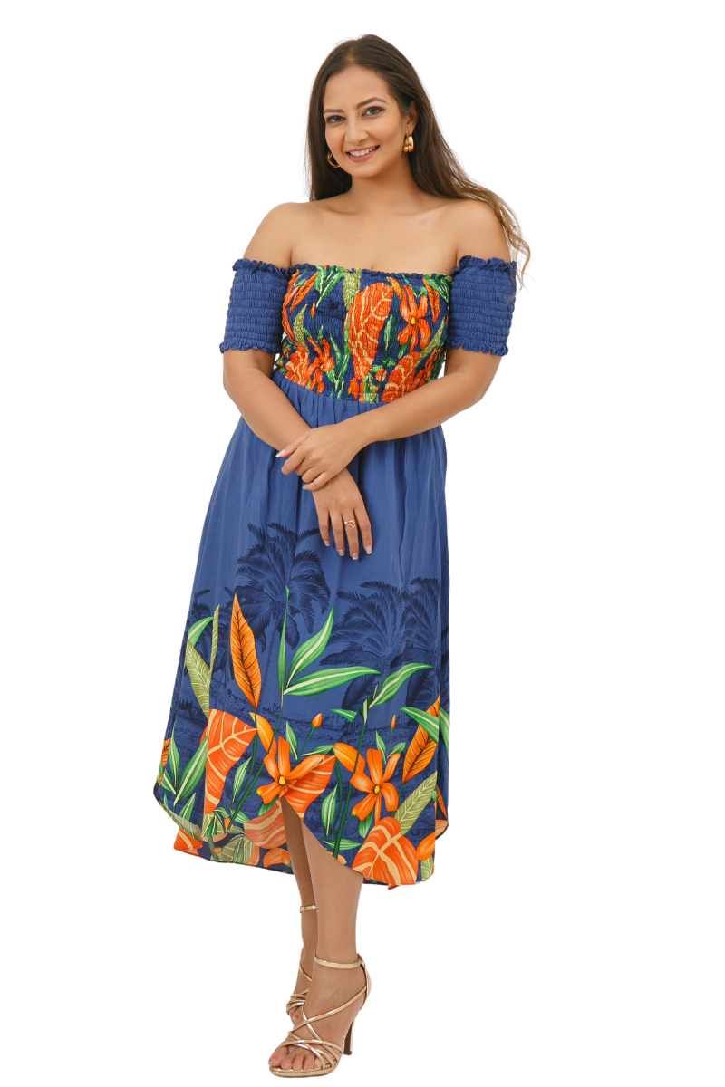 TROPICAL PRINT SHIRRED BARDOT