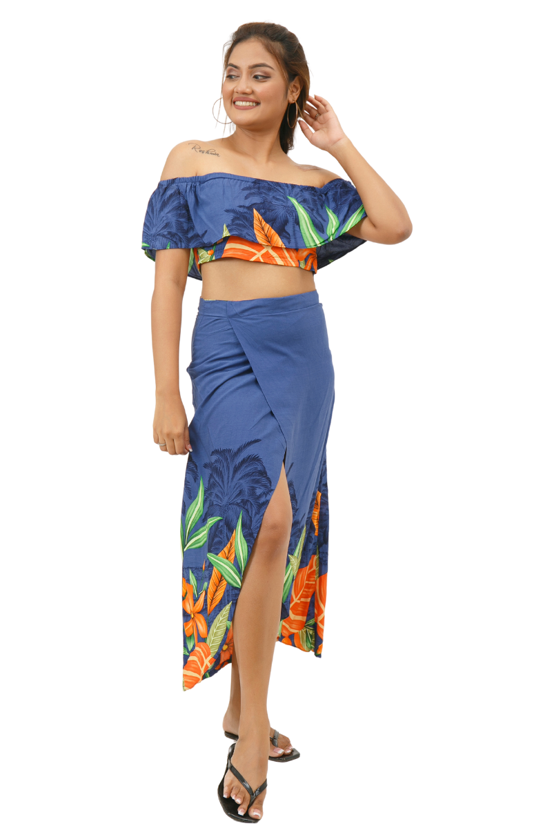 TWO PIECE VINTAGE OFF SHOULDER CROP TOP WITH SKIRT