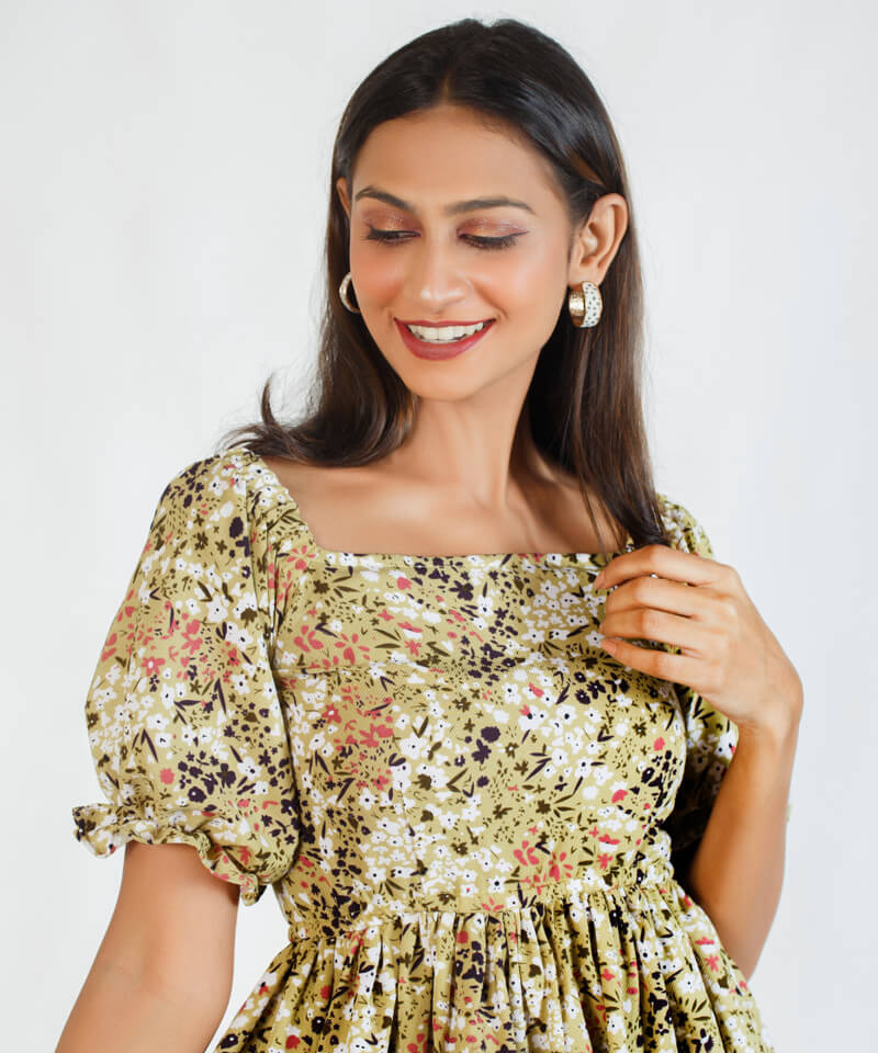 DUSTY FLORAL PUFF SLEEVE DRESS