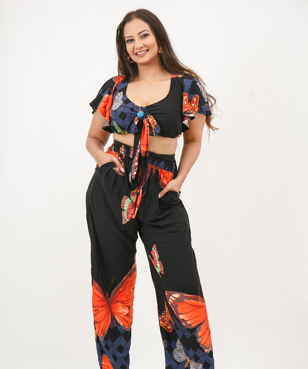PRINTED TWO PIECE PANT AND TIE FRONT TOP